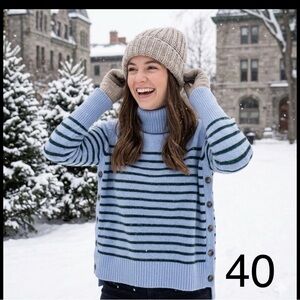 100% wool. Tuckernuck Blue and Black Striped Turtleneck Sweater
